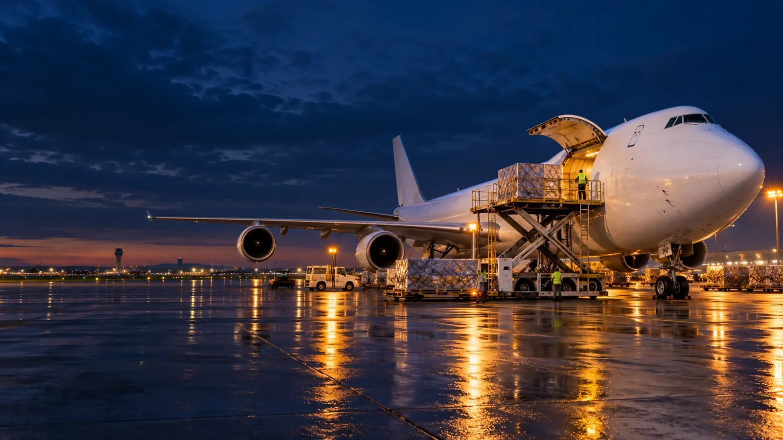 Illustrative cargo aircraft loading on a blue-hour airport apron