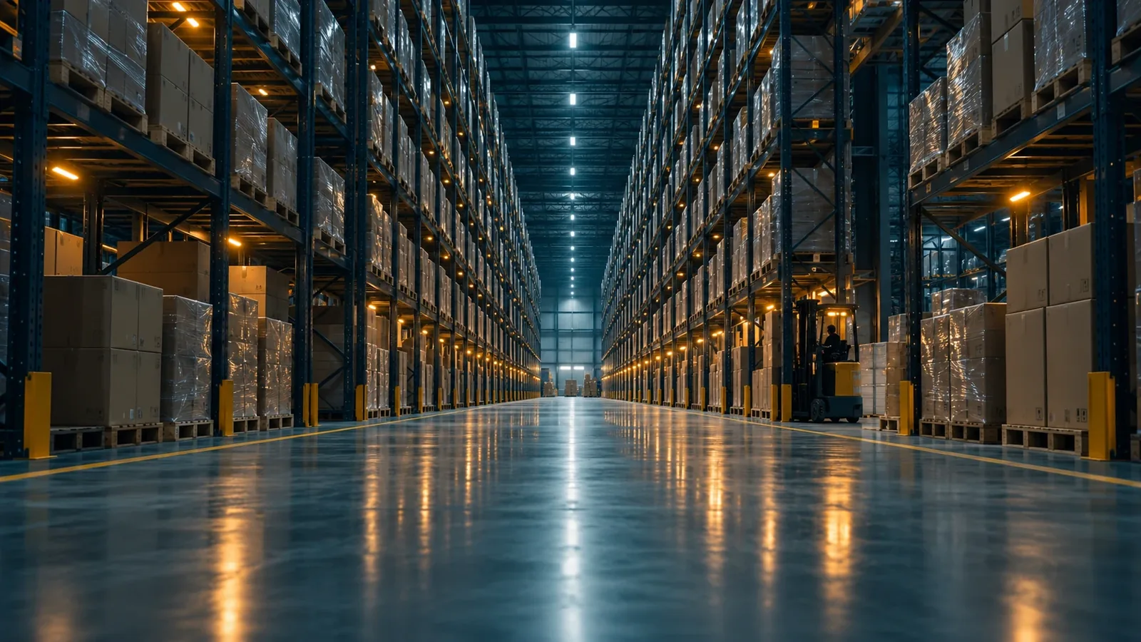 Illustrative freight warehouse with a central cargo aisle